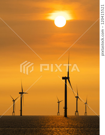 Sunset view of the Offshore wind power systems off the western coast of Taiwan. 120415521