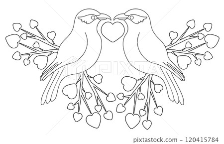Line art shrike bird couple on branch and hearts Line art shrike bird couple on branch and hearts 120415784