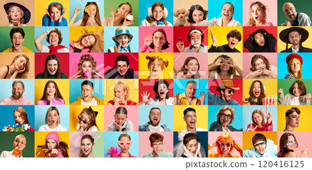 Large collage of people of different ages and backgrounds displaying happiness, laughter, and silly gestures against colorful pastel and vibrant background. 120416125