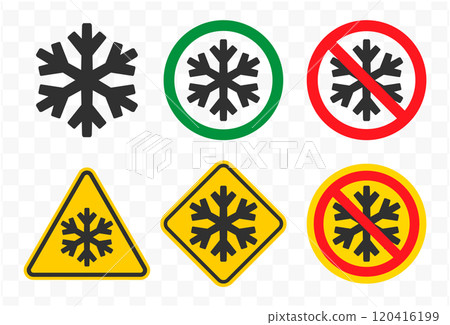 Do not freeze icon symbol set.  No freezing logo sign. Snowflake ice, prohibition, prohibited, not allowed, forbid. Vector illustration. Isolated on white backround. 120416199