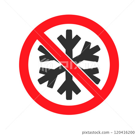 Do not freeze icon symbol.  No freezing logo sign. Snowflake ice, prohibition, prohibited, not allowed, forbid. Vector illustration. Isolated on white backround. 120416200