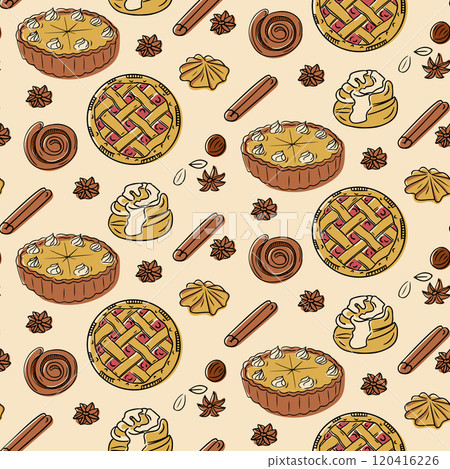 Seamless bakery pattern with pies, cinnamons 120416226