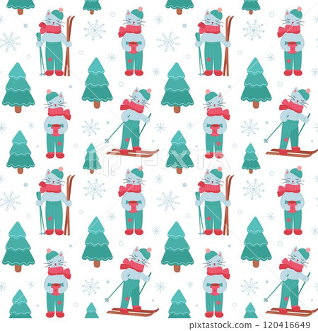 Winter seamless pattern with cute cat on ski Winter seamless pattern with cute cat on ski 120416649