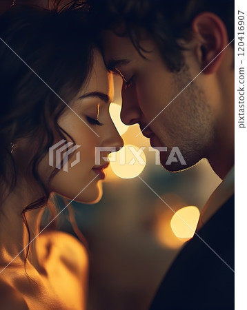 Intimate Lovers  Tender Embrace Illuminated by Soft Warm Lighting 120416907