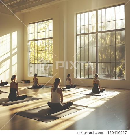Serene Yoga Practice in Sunlit Studio Peaceful Expressions on Faces 120416917