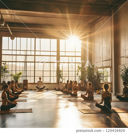 Serene Yoga Practice in Sunlit Studio with Peaceful Expressions 120416920