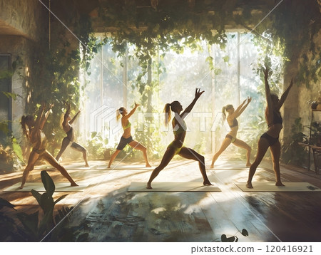 Lithe Yogis Practicing Dynamic Ashtanga Flows Amid Natural Studio Elements 120416921