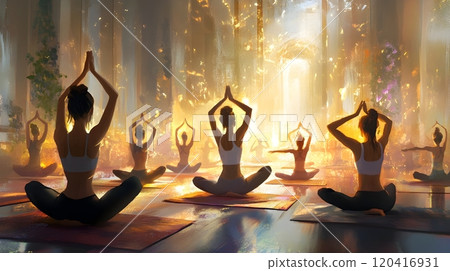 Diverse community of yogis in luminous studio practicing fluid Vinyasa sequence 120416931