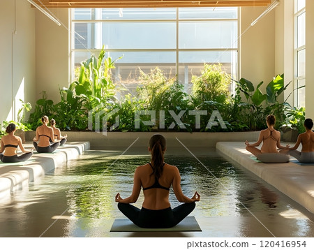 Yogis Embracing Nature Inspired Mindfulness and Wellness in Serene Studio 120416954