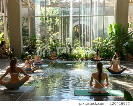 Yogis Find Inner Calm in Nature Inspired Wellness Studio with Soothing Water Feature 120416955