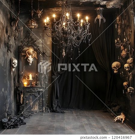 Haunting Gothic Halloween Scene with Ornate Wrought Iron Chandeliers and Tattered Black Curtains 120416967