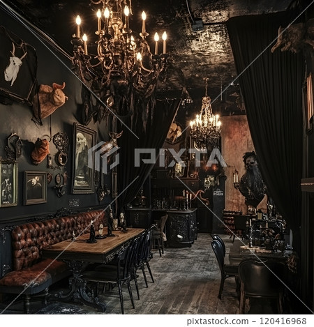 Haunting Gothic Halloween Scene with Ornate Wrought Iron Chandeliers and Macabre Taxidermy Specimens 120416968