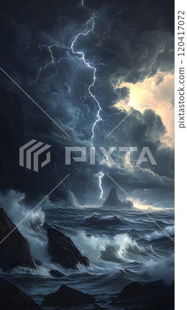 Dramatic Thunderstorm Over Vast Ocean with Towering Storm Clouds and Crashing Waves 120417072