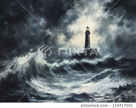 Dramatic Seascape Under Thunderous Skies with Lone Lighthouse Standing Resolute Against Raging Storm 120417091
