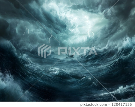 Tumultuous Open Ocean Seascape with Ominous Storm and Solitary Ship Amidst the Tempest 120417136