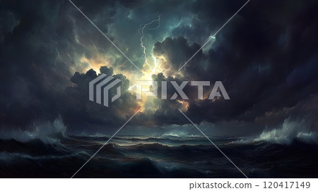 Dramatic Thunderstorm Over Turbulent Ocean in Chiaroscuro Oil Painting Style 120417149