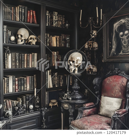Moody Gothic Halloween Decor Featuring Towering Bookcase Anatomical Model and Ominous Crystal Ball 120417179