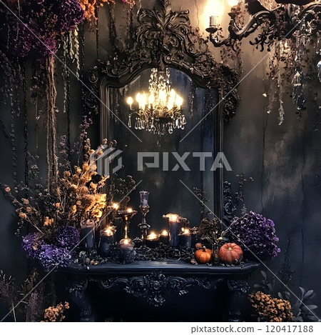 Darkly Enchanting Gothic Halloween Mirror Display with Dried Flowers and Glowing Chandelier 120417188