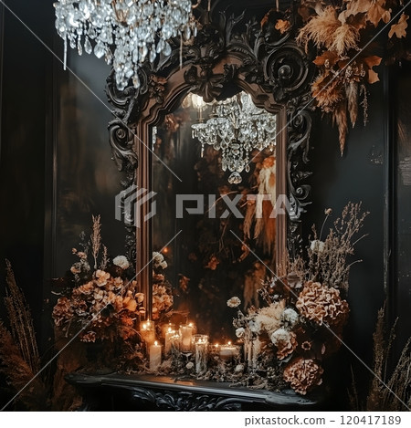 Darkly Enchanting Gothic Halloween Mirror and Floral Display with Glowing Chandelier Darkly Enchanting Gothic Halloween Mirror and Floral Display with Glowing Chandelier 120417189
