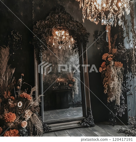 Darkly Enchanting Gothic Halloween Mirror Display with Dried Flowers and Glowing Chandelier Darkly Enchanting Gothic Halloween Mirror Display with Dried Flowers and Glowing Chandelier 120417191