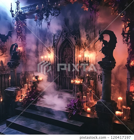 Haunting Halloween Themed Gothic Architecture with Spooky Gargoyles and Eerie Flickering Candles in 120417197