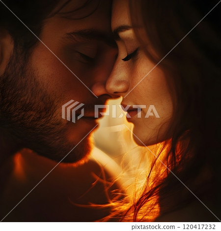 Intimate Embrace of Loving Couple in Soft Warm Lighting Against Blurred Romantic Background 120417232