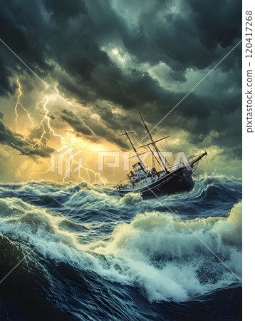 Tumultuous Seascape Ominous Storm Clouds and Surging Waves Under a Turbulent Sky 120417268