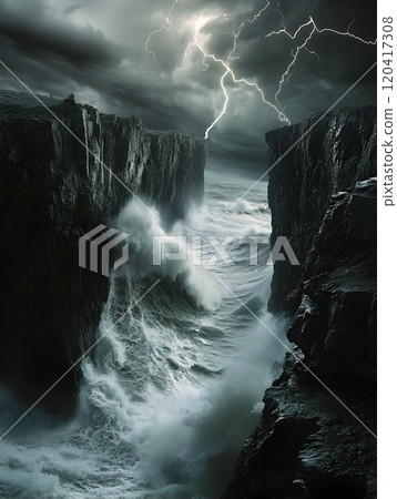 Majestic Stormy Seascape Crashing Waves and Looming Skies 120417308