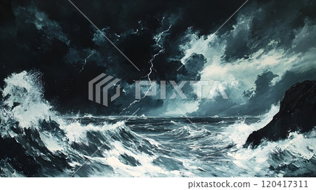 Tempestuous Ocean Seascape with Dramatic Storm Clouds and Flashing Lightning 120417311
