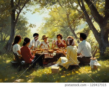 Cheerful Multicultural Friends Sharing Picnic Feast in Idyllic Park Setting Cheerful Multicultural Friends Sharing Picnic Feast in Idyllic Park Setting 120417315