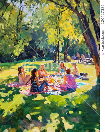 Joyful Gathering of Friends Relishing a Picnic in a Verdant Park with Impressionist Inspired Joyful Gathering of Friends Relishing a Picnic in a Verdant Park with Impressionist Inspired 120417325