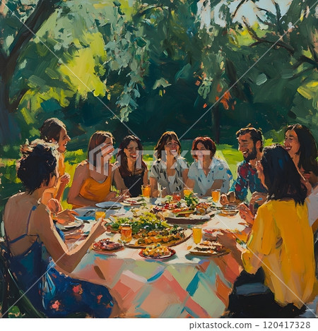 Lively Gathering of Diverse Friends Enjoying a Picnic in a Sunlit Park 120417328