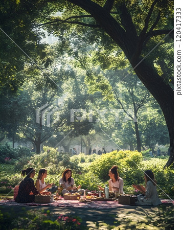 Friends Sharing Lively Conversation and Picnic Lunch in Tranquil Park Setting Friends Sharing Lively Conversation and Picnic Lunch in Tranquil Park Setting 120417333