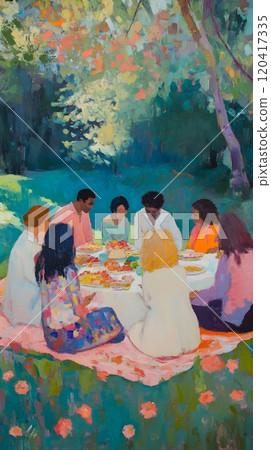 Joyful Alfresco Picnic Gathering of Diverse Friends in Lush Flower Filled Park Joyful Alfresco Picnic Gathering of Diverse Friends in Lush Flower Filled Park 120417335