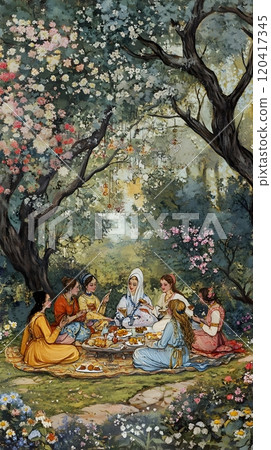 Joyful Picnic Gathering in a Lush Blooming Park with Friends 120417345