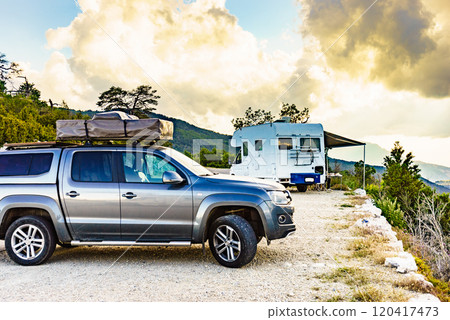 Camping vehicles in mountain nature 120417473