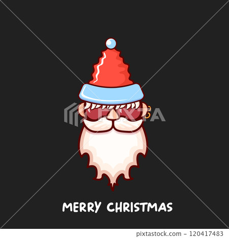 Santa Claus head with Santa red hat and hipster sunglasses isolated on grey Christmas background. Santa Claus label or sticker design. Merry Christmas greeting card template 120417483