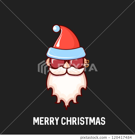 Santa Claus head with Santa red hat and hipster sunglasses isolated on grey Christmas background. Santa Claus label or sticker design. Merry Christmas greeting card template 120417484