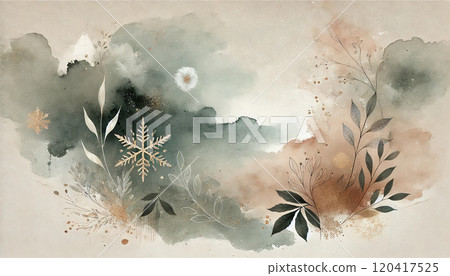 冬季背景材質與水彩風格的雪花與植物 120417525