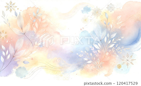 冬季背景材質與柔和的彩色水彩風格雪花和植物 120417529