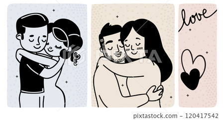 Cute couples hugging. Vector doodle set with lettering. Happy Valentine's Day 120417542