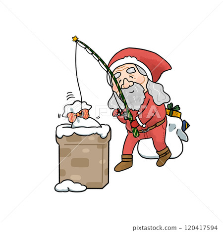 Santa Claus delivering Christmas presents with a fishing rod [No background] 120417594