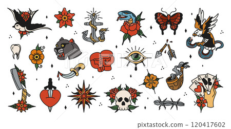 Old school tattoos, traditional style born in USA. Vector set 120417602