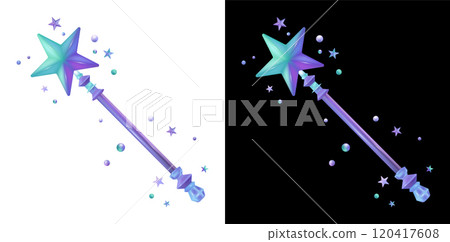 A colorful magic wand with a star-shaped top, adorned with small stars and bubbles 120417608