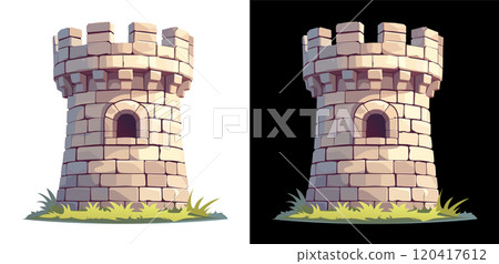 A medieval stone tower with battlements and a small arched window 120417612