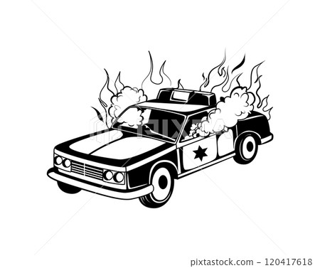A burning police car with smoke rising from its engine 120417618