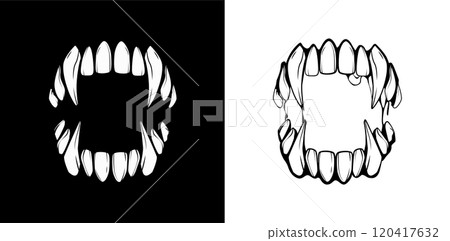 Monster jaw with sharp fangs, open mouth of vampire with sharp teeth and fangs 120417632
