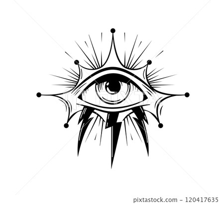 Isolated black and white illustration of an all-seeing eye with sharp 120417635