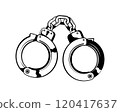 Isolated black and white illustration of handcuffs, symbolizing crime, police, and criminal justice 120417637
