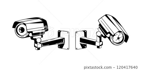 A pair of surveillance cameras, one damaged, representing themes of anti-surveillance, crime, and street culture A pair of surveillance cameras, one damaged, representing themes of anti-surveillance, crime, and street culture 120417640